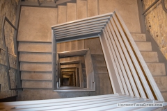 Stairwell added during the renovation looking down six stories inside one of the original grain silos of the Grain Belt brew house