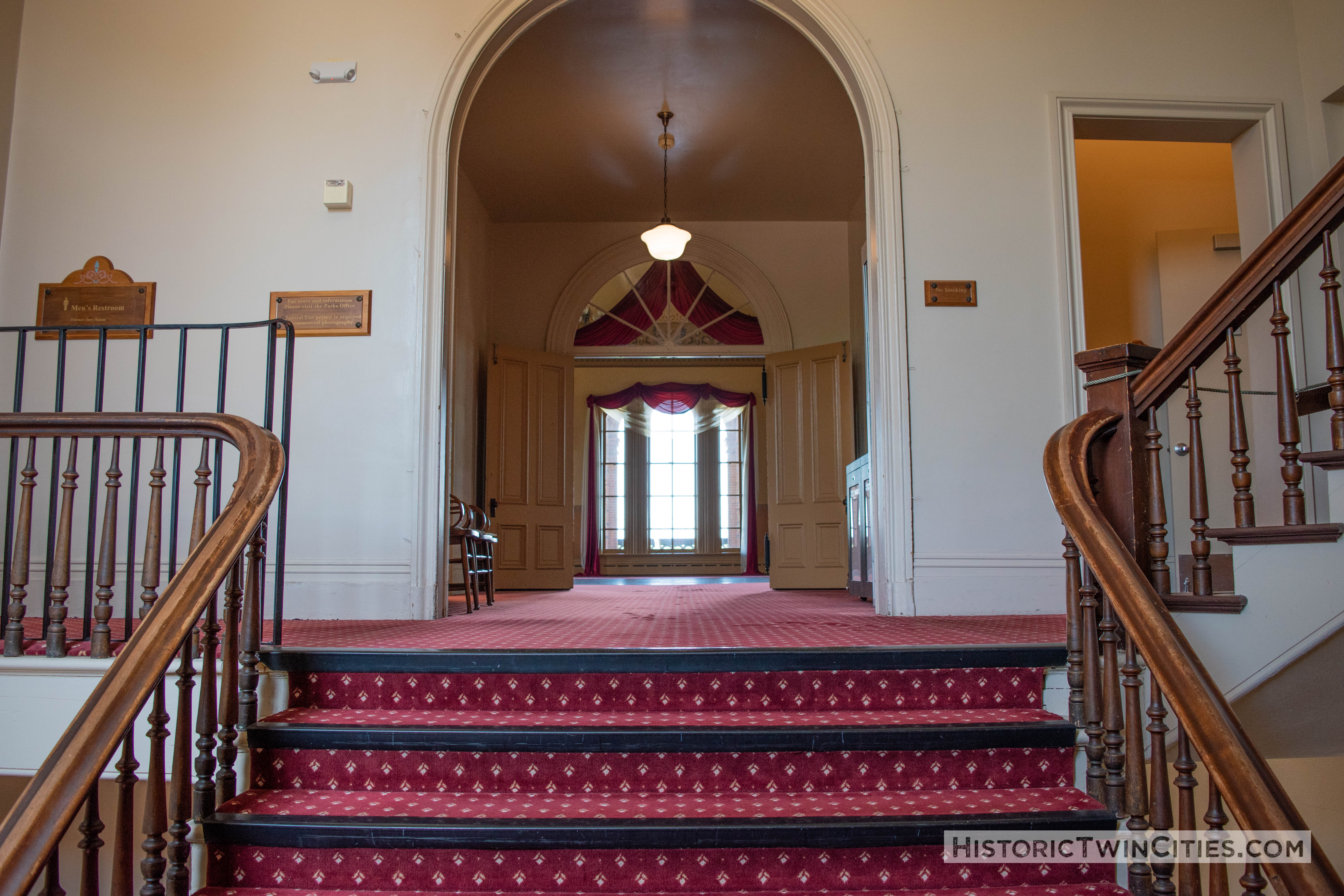 Double staircase leading to the second to the second floor of the Historic Washington County Courthouse - Stillwater, MN