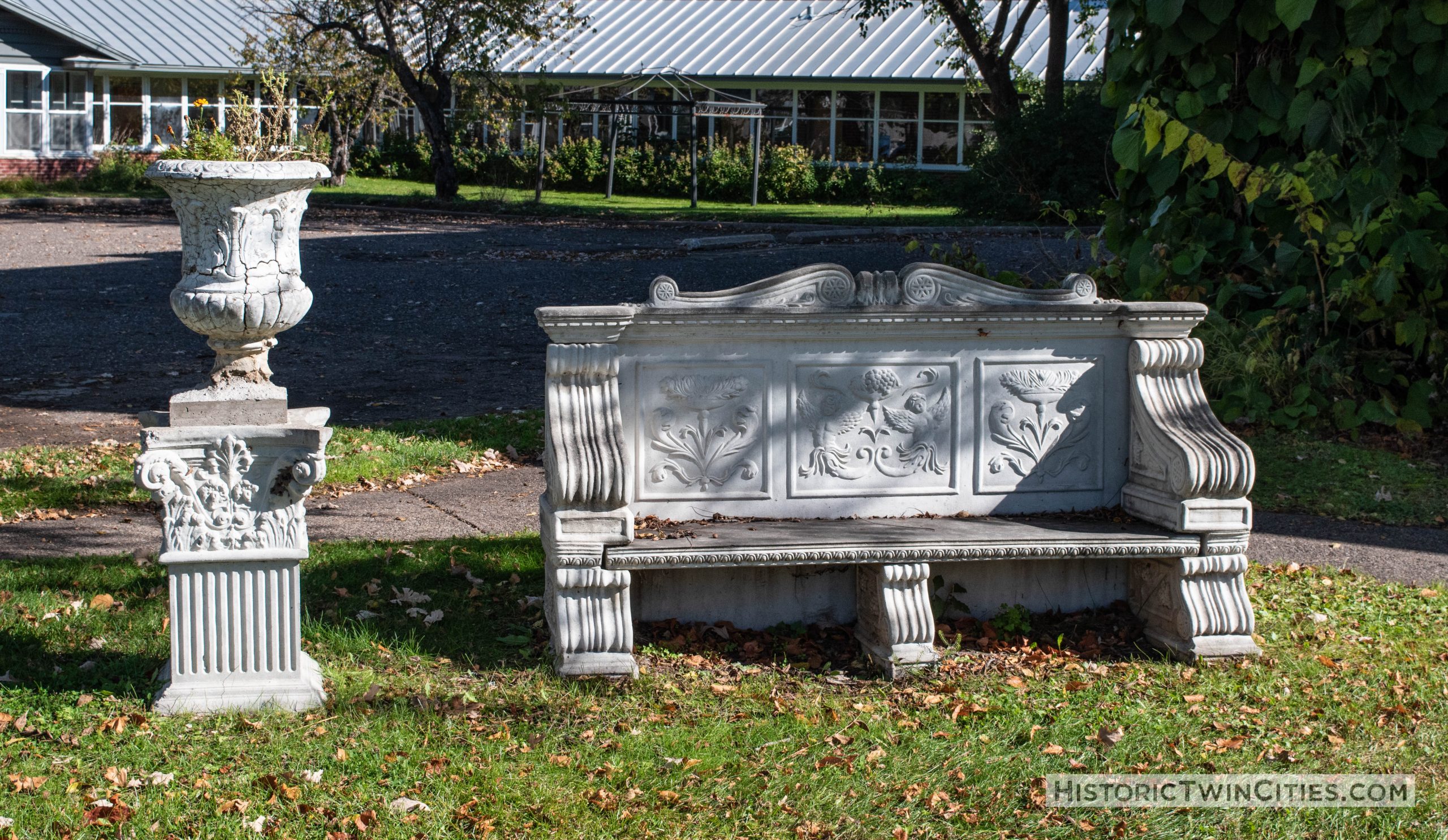 Planter and bench outside the Kline Sanitarium in Anoka, MN