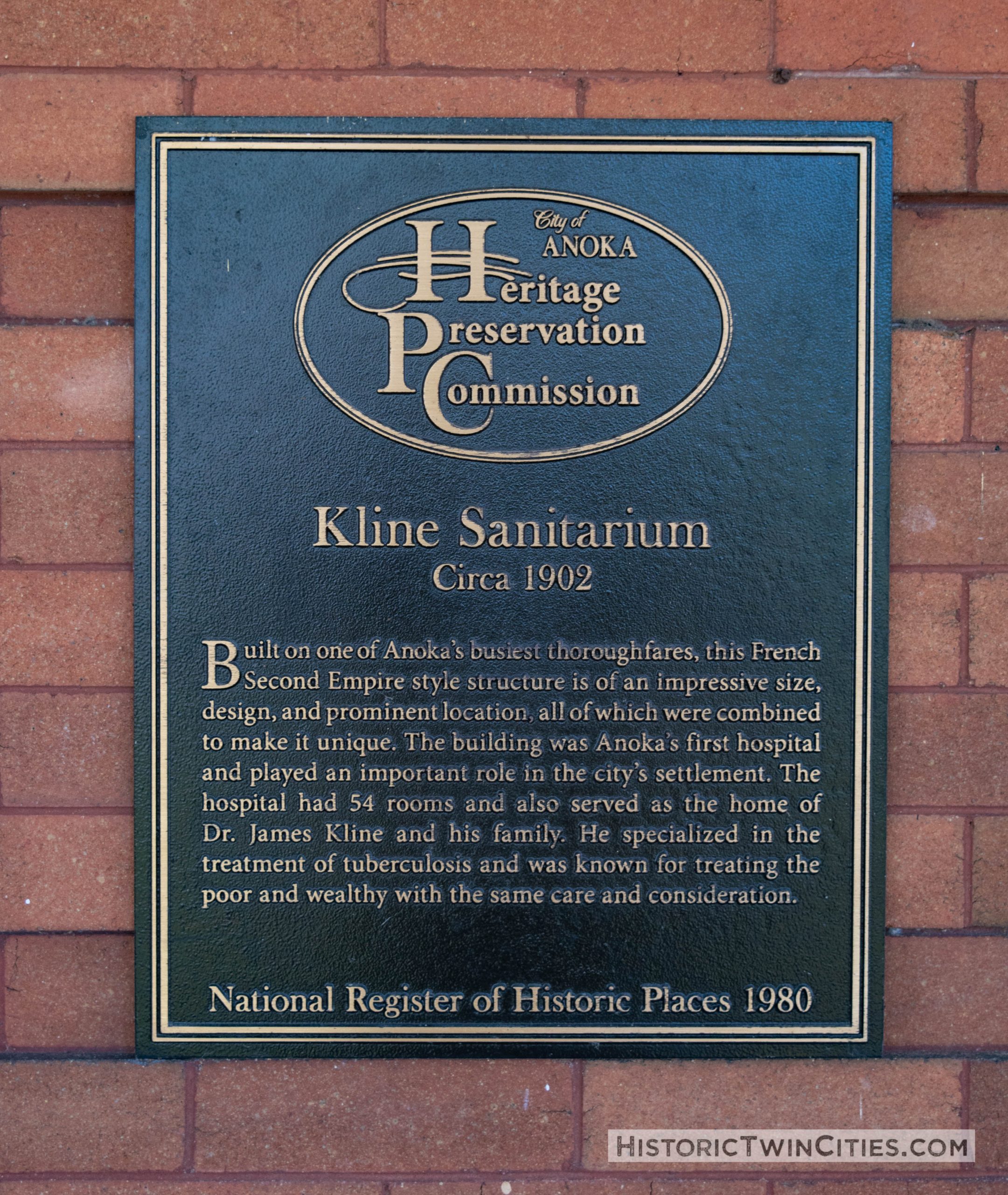 National Register of Historic Places plaque on the Kline Sanitarium in Anoka, MN