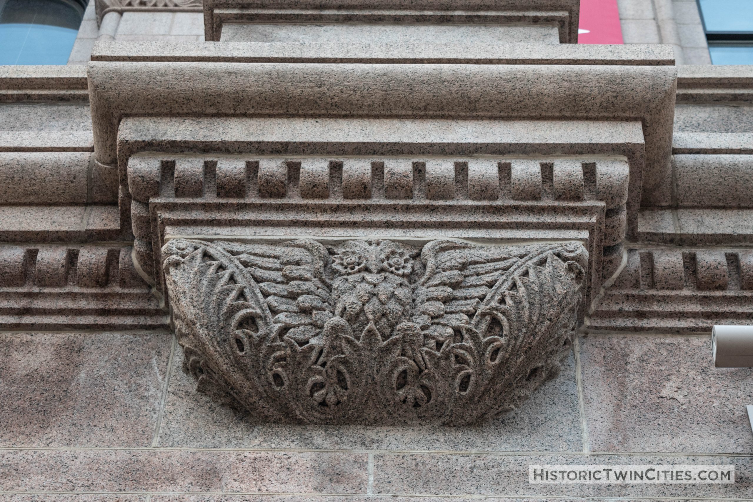 Ornately carved owls in the stonework on the exterior walls of the Landmark Center in St. Paul, MN