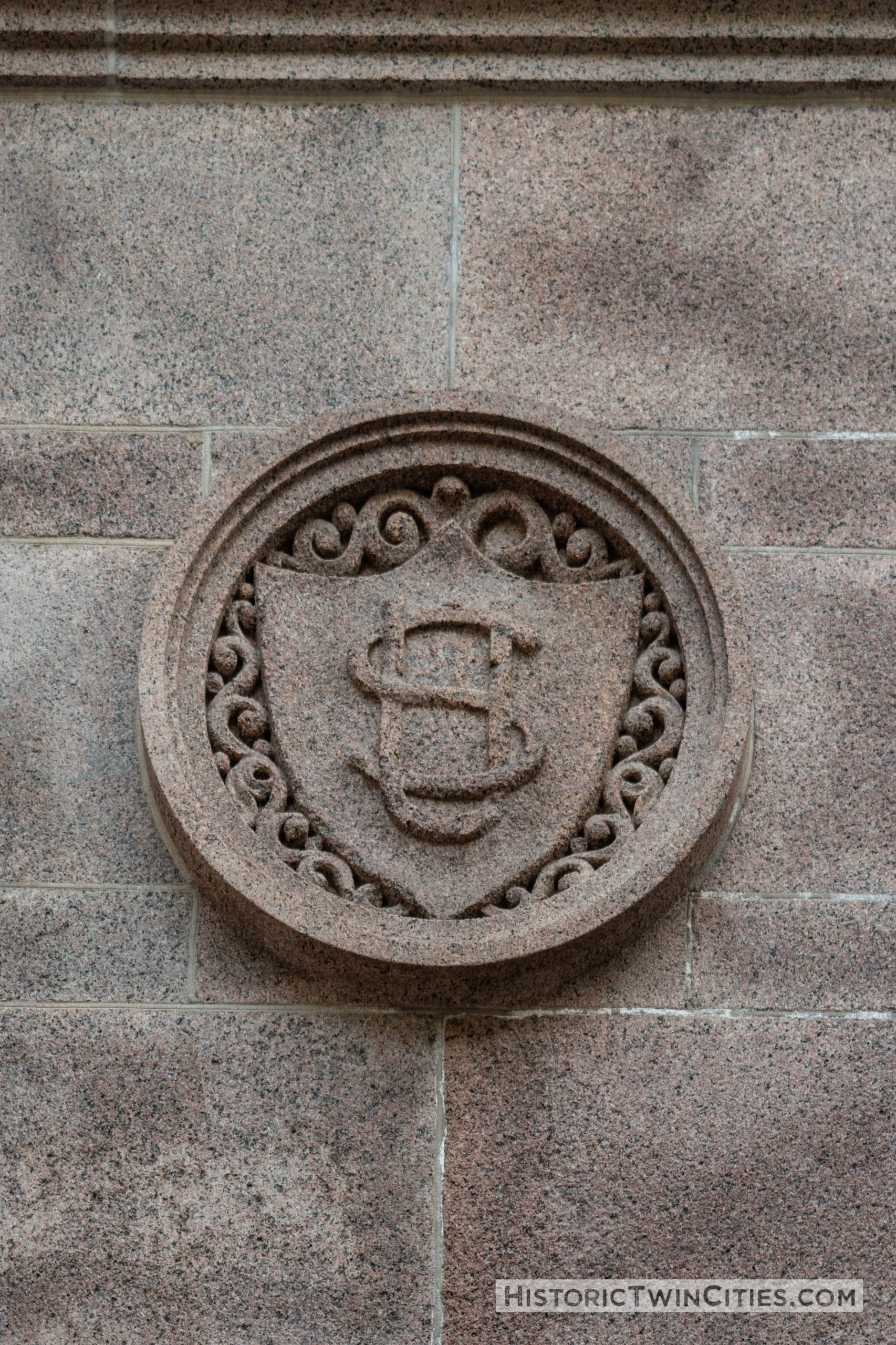 Ornate stonework on the exterior walls of the Landmark Center in St. Paul, MN