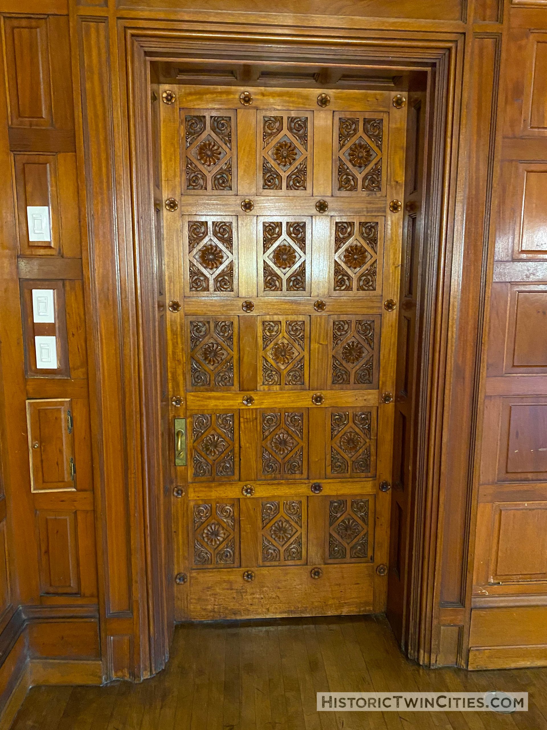 Intricately carved door in the Chief Justice Room (Room 430) of the Landmark Center in St. Paul, MN