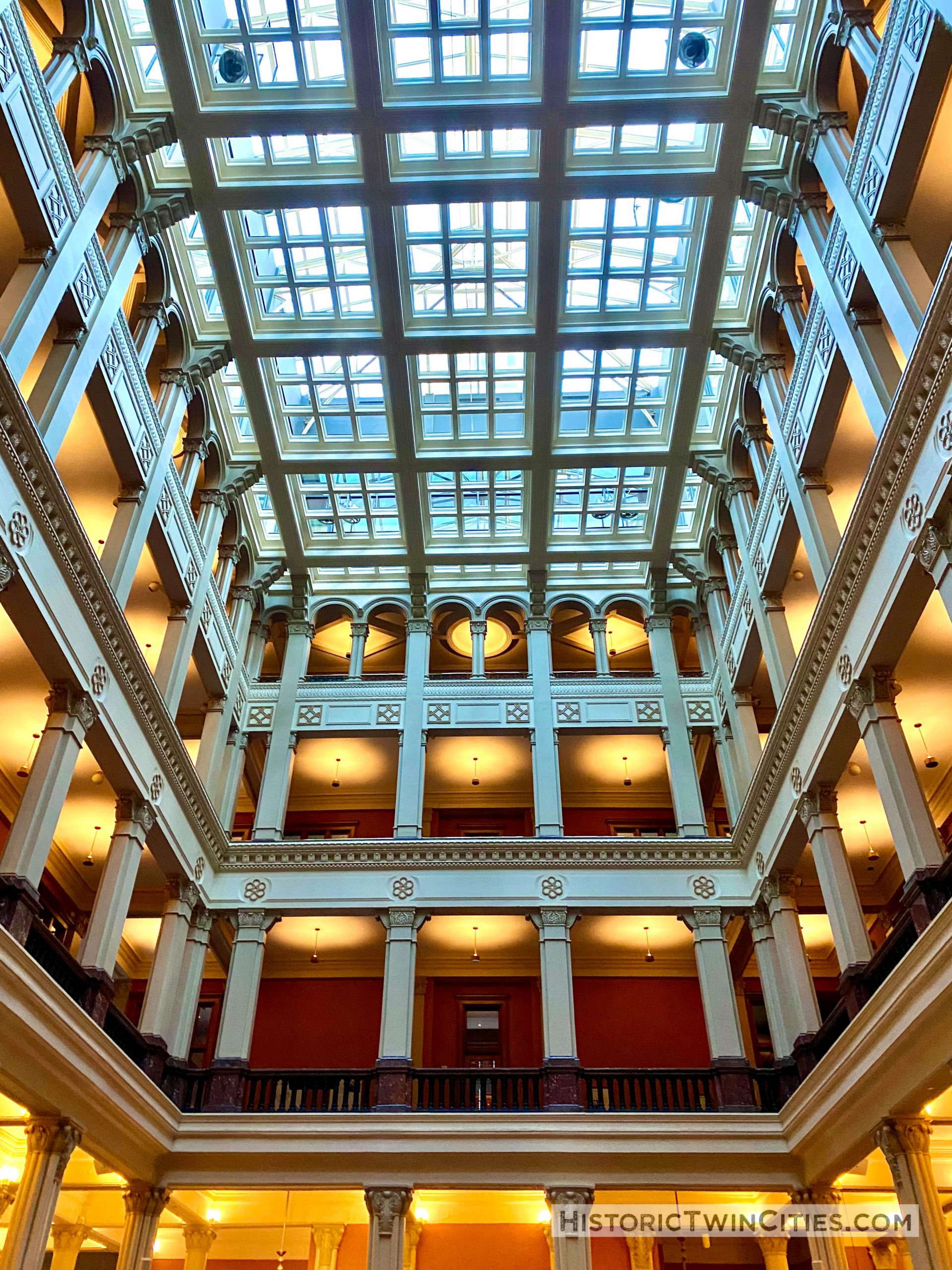 Looking up from the ground floor cortile of the Landmark Center, St. Paul, MN