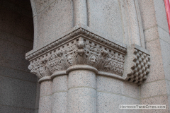 Ornate stonework on the exterior walls of the Landmark Center in St. Paul, MN