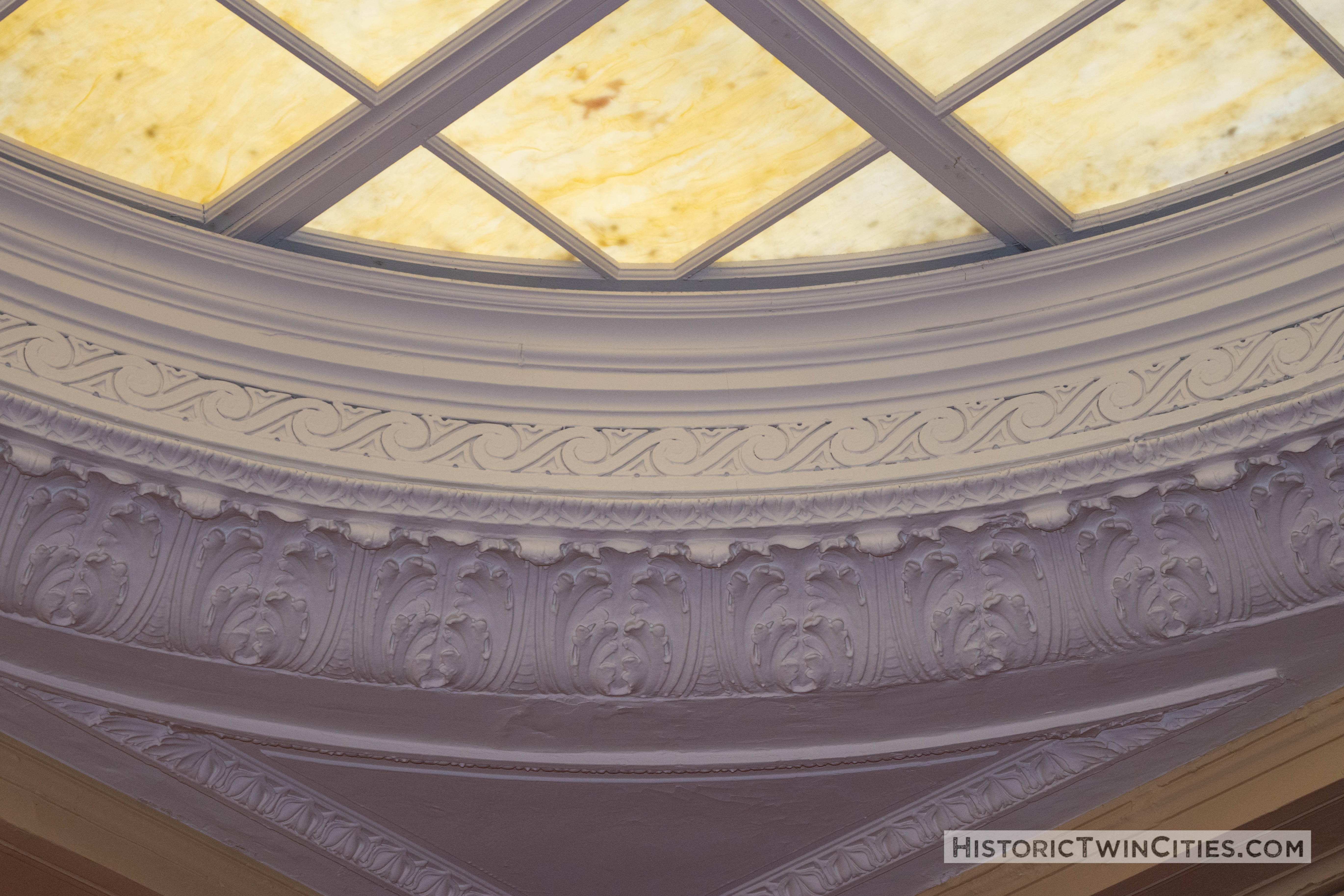 Ornate trim around the ceiling skylights inside the Interior of the Minneapolis Franklin Library