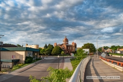 View of the old Dakota County Courthouse from the Highway 61 bridge over the Mississippi in Hastings