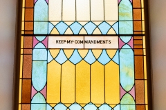 Stained glass window as viewed from inside the Historic Church of St. Peter in Mendota