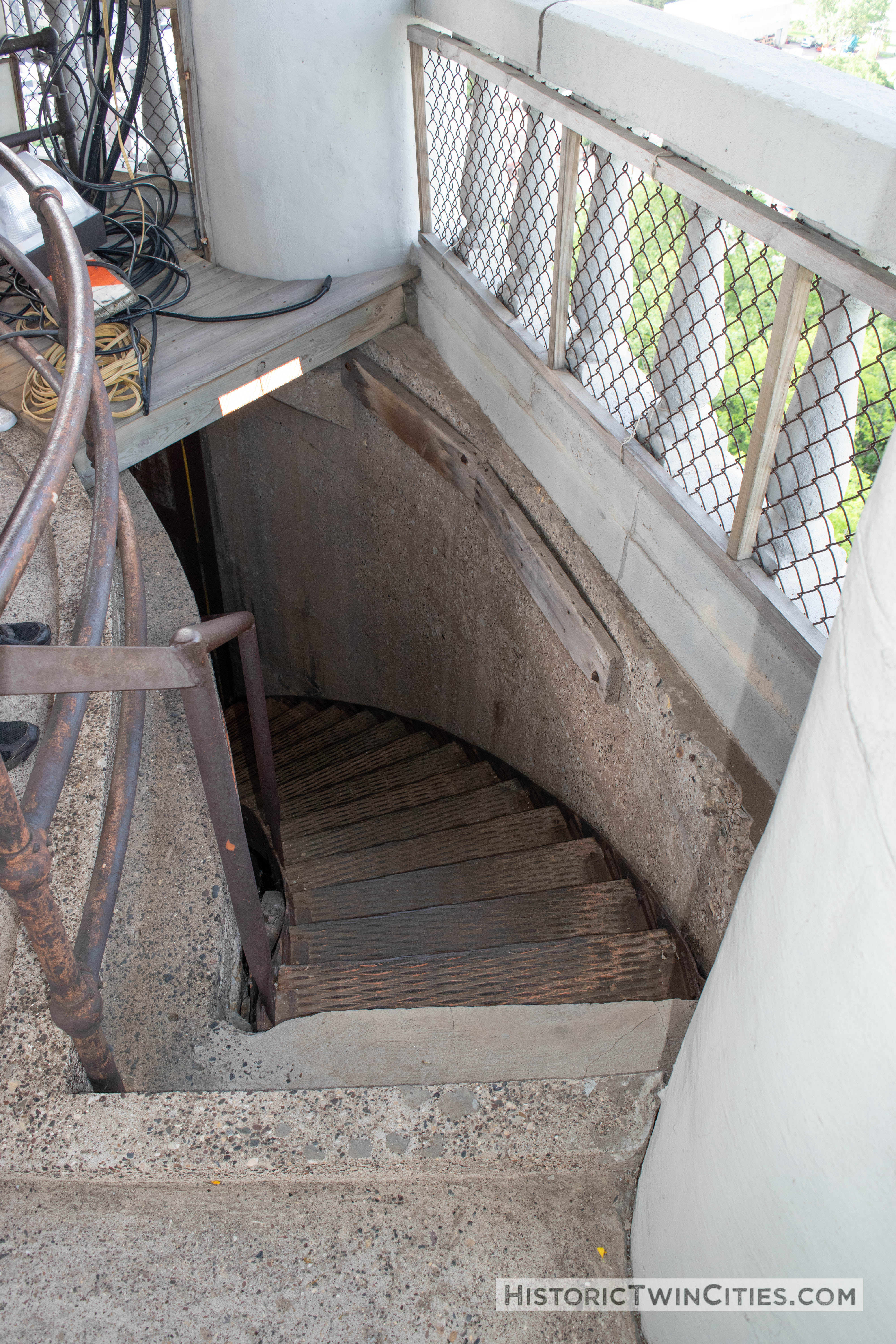 Looking down the stairway from the observation deck of the Witch's Hat Water Tow in the Prospect Park neighborhood on Minneapolis