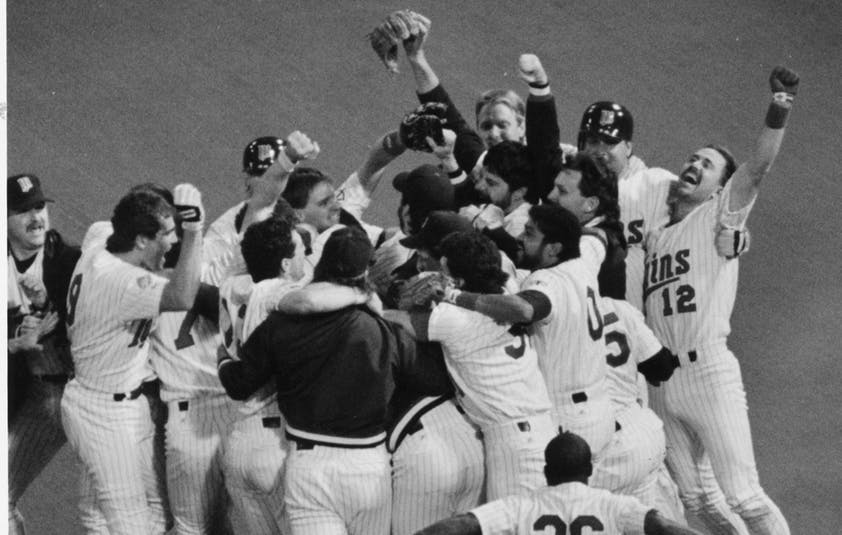 The Minnesota Twins celebarte their 1991 World Series victory at the Metrodome (Photo courtesy of Minneapolis Star Tribune)