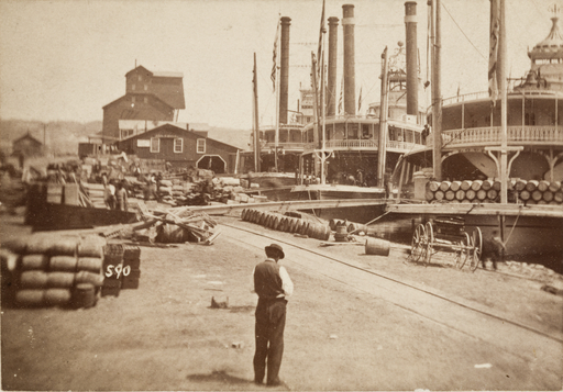 St. Paul levee with docked steamers circa 1865 (MHS)