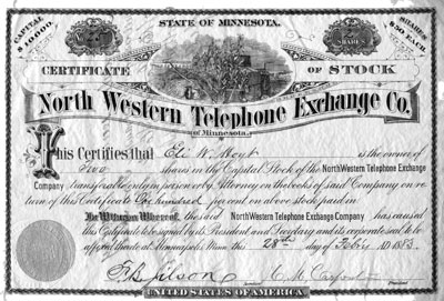Northwestern Telephone Exchange Co. Stock circa 1883