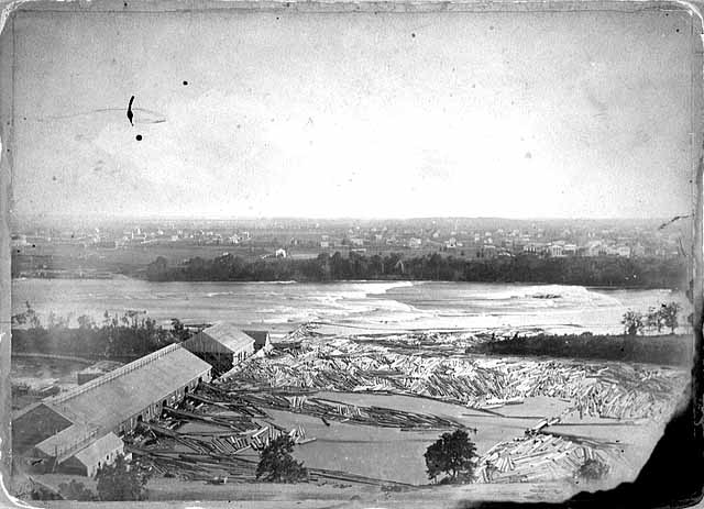 Saw mills on east side of St. Anthony Falls circa 1855 (MHS)