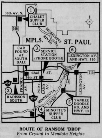 Route of Ransom Drop - Minneapolis Star - March 18, 1974
