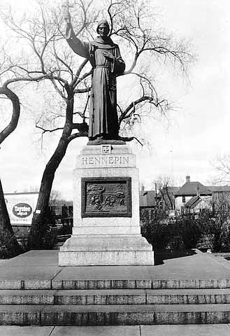 Statue of Father Louis Hennepin near the Basilica of St. Mary's in Minneapolis circa 1936 (MHS)