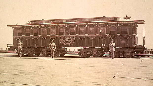 Lincoln funeral car during a stop in Chicago circa 1865