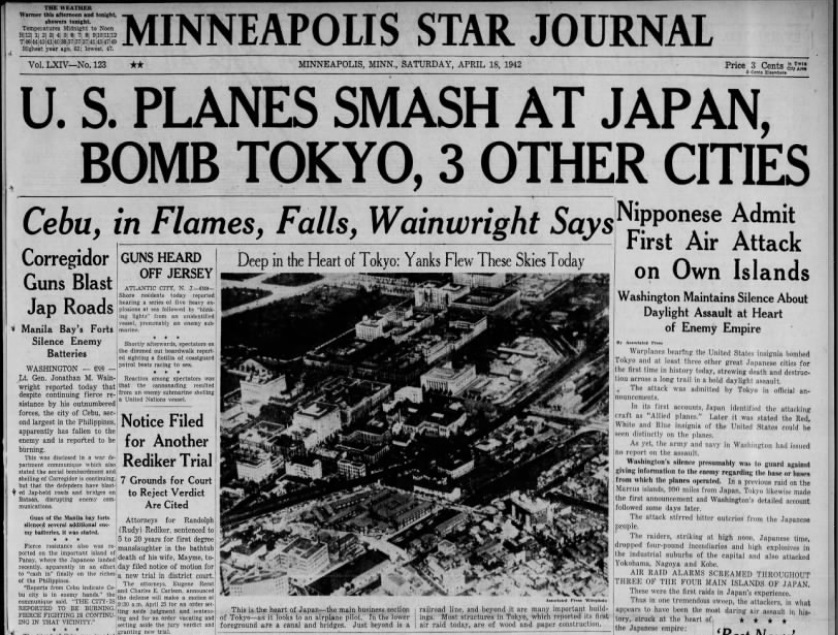 Front page of the Minneapolis Star Journal April 18, 1942
