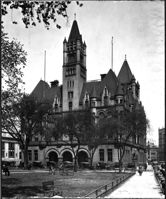 View of the Landmark Center from Rice Park circa 1925 (MHS)