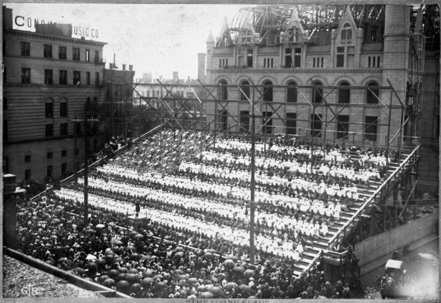 "Living Flag," 2200 school children at the Thirtieth National Encampment Grand Army of the Republic, St. Paul. circa 1896 (MHS)